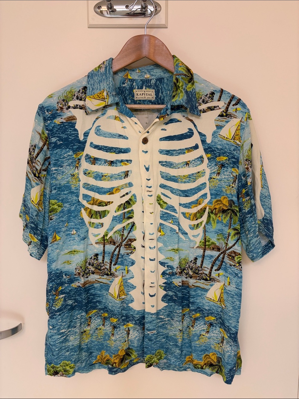 Kapital Blue & White Short-Sleeve Skeleton Ribcage Print Button-Up Shirt